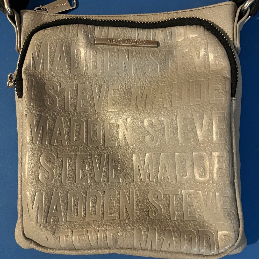 STEVE MADDEN Gray Cross Body Shoulder Bag Signature Embossed Purse Faux Leather